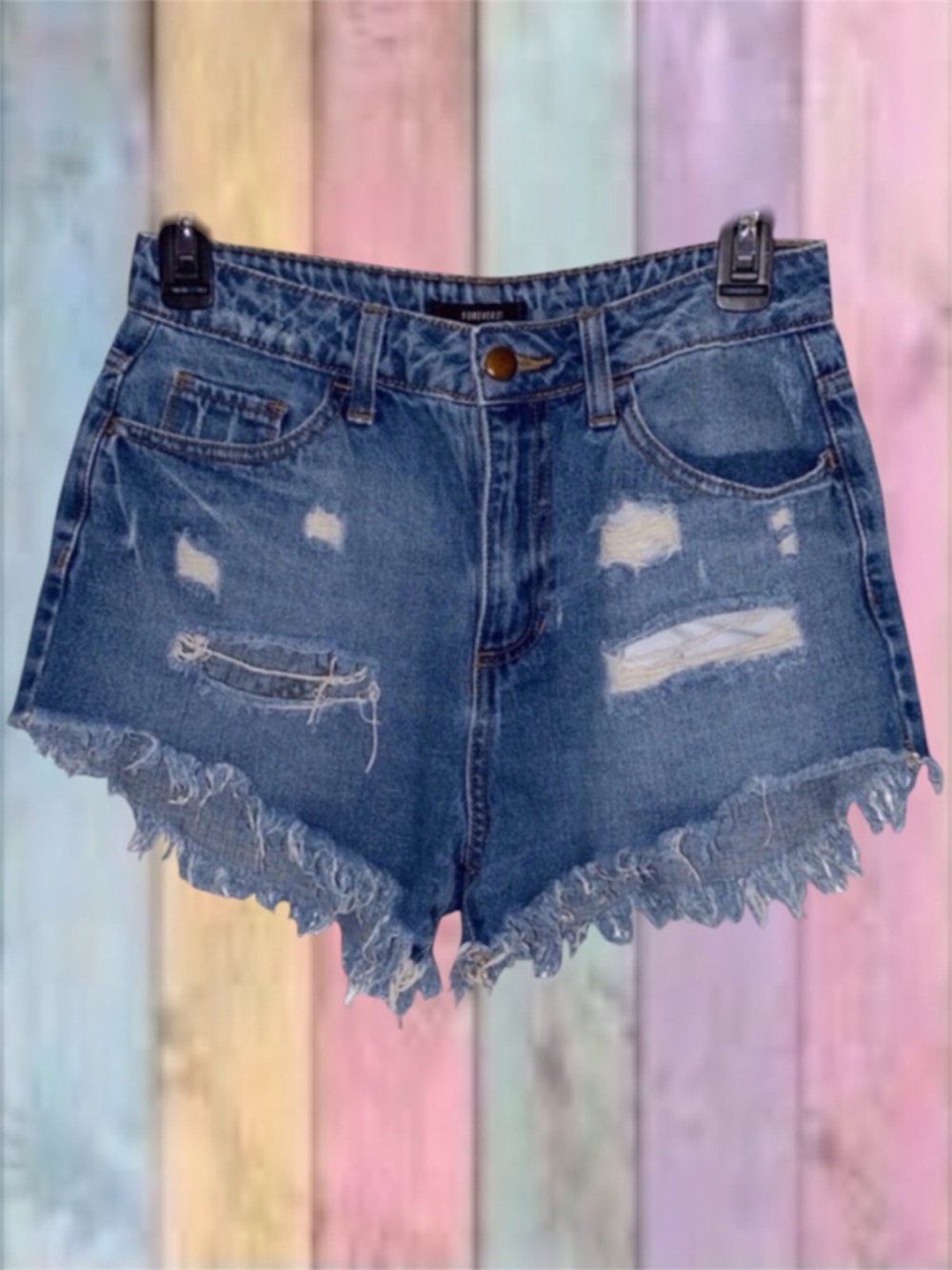 Forever 21 Blue High Waisted Distressed Raw Frayed Hem Jean Shorts